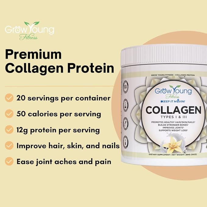 Grow Young Fitness Collagen Protein - Vanilla, Promotes Skin, Bones, Joints, Weight Loss, Sugar Free (12.41 oz) (1 Pack, 20 Servings)