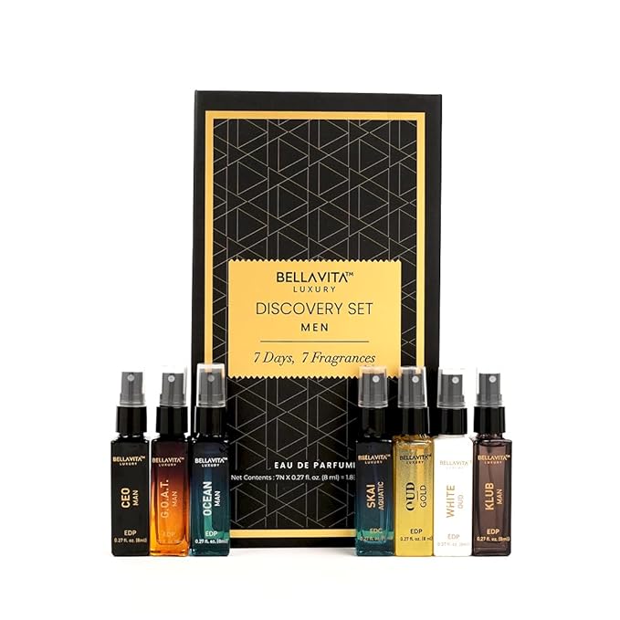 BellaVita Luxury Discovery Set Mens Perfumes (7x8ml) | Mini Perfume Gift Set for Men with Bergamot, OUD & Patchouli Oriented | Compact Long-Lasting Oud Colognes for Men | Cruelty Free Fragrance
