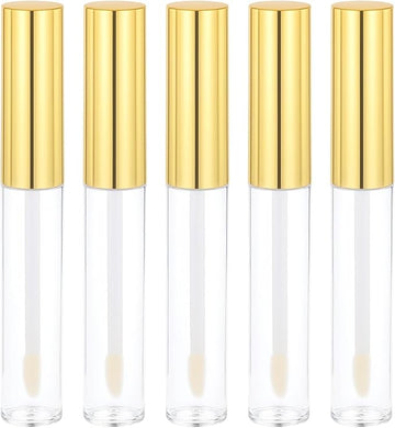 5 Pcs Empty Lip Gloss Tubes, Clear Plastic Gloss Container with Wand Refillable Lip Balm Bottle 10ml Lip Gloss Container for Lipstick Samples, Lip Balms(Gold Tube Cap)