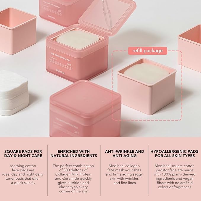(Only Refill) Mediheal Collagen Ampoule Pad (100 Pads) - Cotton Facial Toner Pads for Skin Firming & Restore Elasticity - Vegan Eco Silk Pad