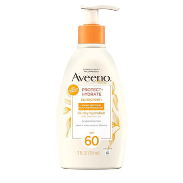 Aveeno Protect + Hydrate Sunscreen Moisturizing Lotion with Prebiotic Oat, Broad Spectrum SPF60, Paraben, & Oil Free, Weightless, Water & Sweat Resistant (80-min) for Sensitive Skin, 12 Fl Oz