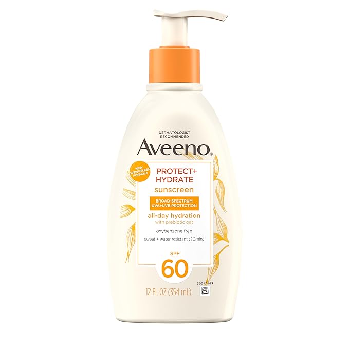 Aveeno Protect + Hydrate Sunscreen Moisturizing Lotion with Prebiotic Oat, Broad Spectrum SPF60, Paraben, & Oil Free, Weightless, Water & Sweat Resistant (80-min) for Sensitive Skin, 12 Fl Oz