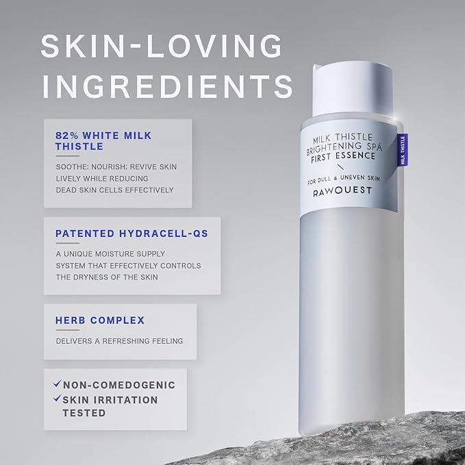 RAWQUEST- Korean Skin Care Essence Toner for Deep Hydration, Radiant Glow, Moisturizing, Soothing & Dermatologist Tested w/82% Milk Thistle, Hyaluronic Acid & Niacinamide, K Beauty 6.76 Fl Oz / 200ml