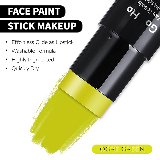 Go Ho Ogre Green Face Paint Stick,Water Based Washable Face Body Paint,Non-toxic Full-coverage Cream Ogre Green Body Paint for Halloween Costume Cosplay SFX Alien Makeup