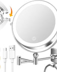 10x Large Wall Mounted Makeup Mirrror, Height Adjustable Lighted Mirror, 8" Double Sided Mirror, 1X/10X Magnifying Bathroom Mirror, 360° Rotation Adjustable, Detachable Ring, 3 Color Lights