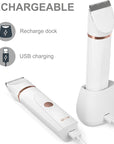 OLOV Electric Body Hair Trimmer - Groin Trimmer for Men - Bikini Trimmer Women - Wet/Dry Shaver Groomer, Replaceable Ceramic Blade Heads, USB Recharge Dock, Waterproof Hygiene Razor, White