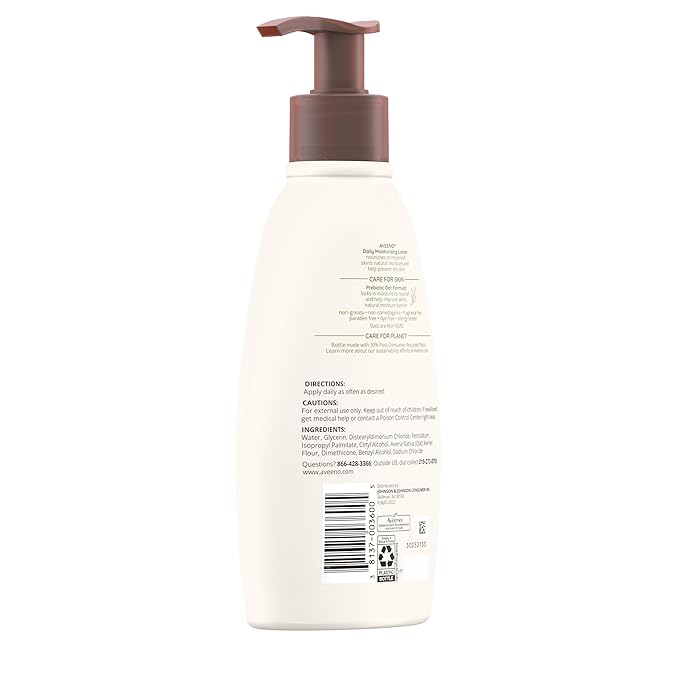 Aveeno Daily Moisturizing Body Lotion with Soothing Prebiotic Oat, Gentle Lotion Nourishes Dry Skin With Moisture, Paraben-, Dye- & Fragrance-Free, Non-Greasy & Non-Comedogenic, 12 fl. Oz