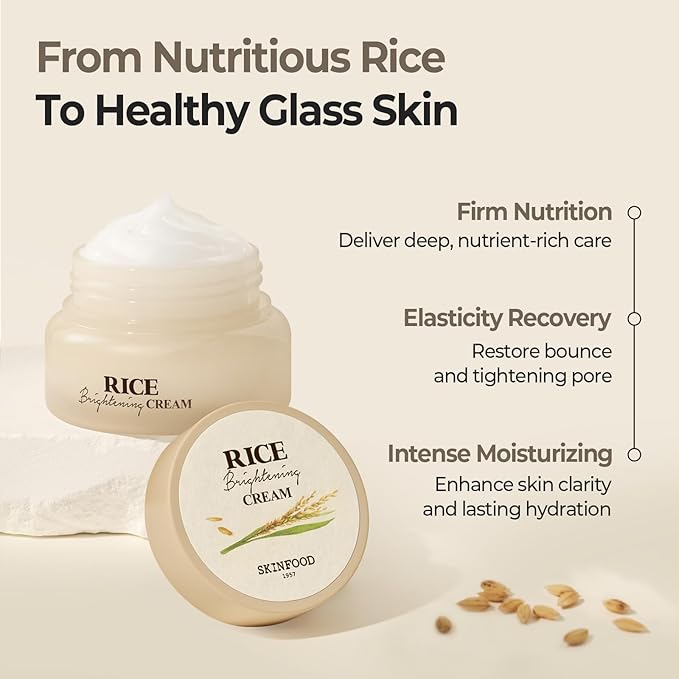 SKINFOOD Rice Brightening Cream, Korean Face Moisturizer with 48 Hours Fermented Rice Water, Korean Skin Care Rice Moisturizer for Natural Glow Glass Skin, Nourishing, Vegan, 60ml/2fl.oz.