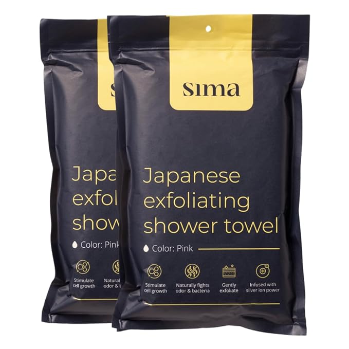 Exfoliating Washcloth Face & Body Scrub Towel - Japanese Exfoliating Towel with Hexagon Fibers, Body Scrubber with 2 Sides for Scrubbing & Washing, Extra Long (Pink, 2 Pack)