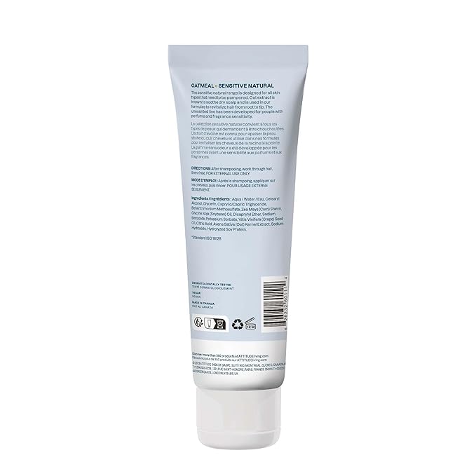ATTITUDE Hair Conditioner for Sensitive Dry Scalp, Soothing Oat, Naturally Derived Ingredients, Dermatologically Tested, Vegan Detangler, Extra Gentle, Unscented, 8 Fl Oz