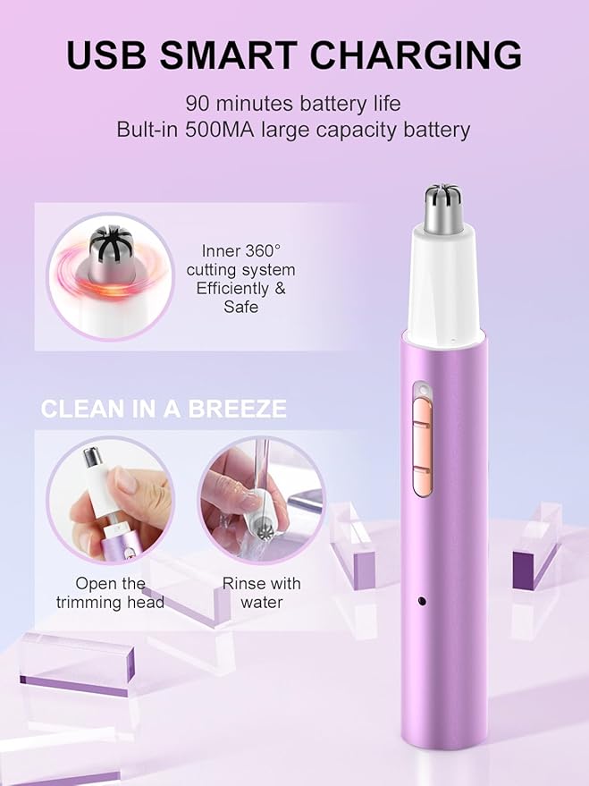 2025 Rechargeable Nose & Ear Hair Trimmer, Dual-Edge Blade Electric Clipper for Women Men, Facial & Eyebrow Hair Removal Tool, Powerful Motor, Painless, Easy to Clean, IPX7 Waterproof (Pink)