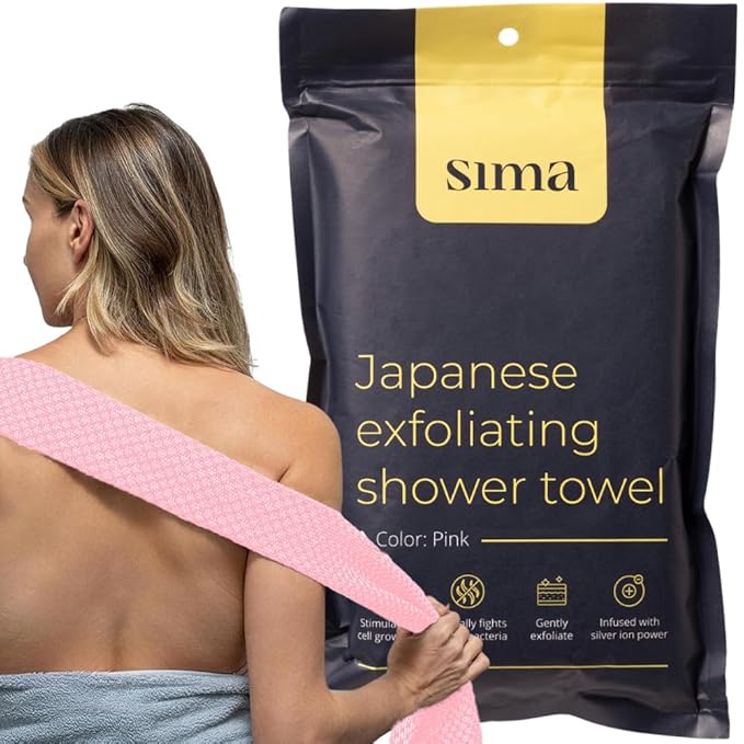 Exfoliating Washcloth Face & Body Scrub Towel - Japanese Exfoliating Towel with Hexagon Fibers, Body Scrubber with 2 Sides for Scrubbing & Washing, Extra Long Body Towel (Pink)