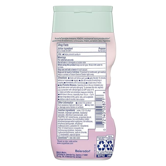 Coppertone Pure and Simple Baby Sunscreen Lotion SPF 50, Zinc Oxide Mineral Sunscreen for Babies, Hypoallergenic and Tear Free, 6 Fl Oz Bottle, Pack of 18
