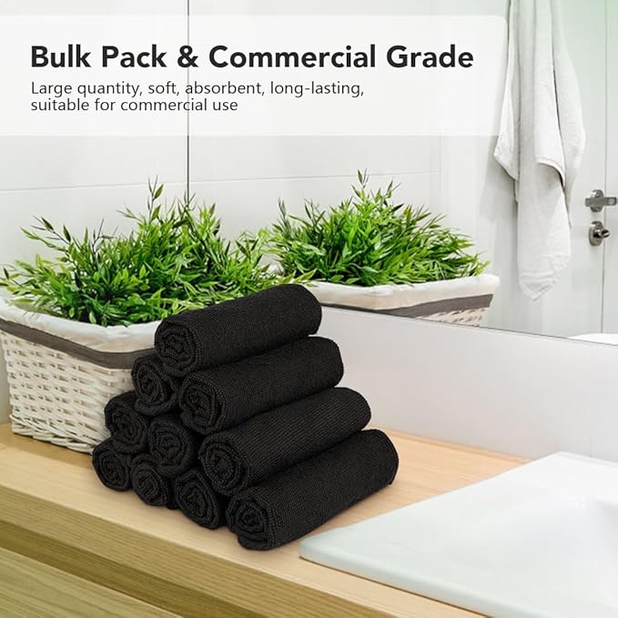 Orighty Wash Cloths Bulk Towels Set 200 Pack, Highly Absorbent and Soft Feel Microfiber Face Cloths, Multi-Purpose Washcloths & Hand Towels for Bathroom, Hotel, Spa, and Gym, 12x12 Inch, Black