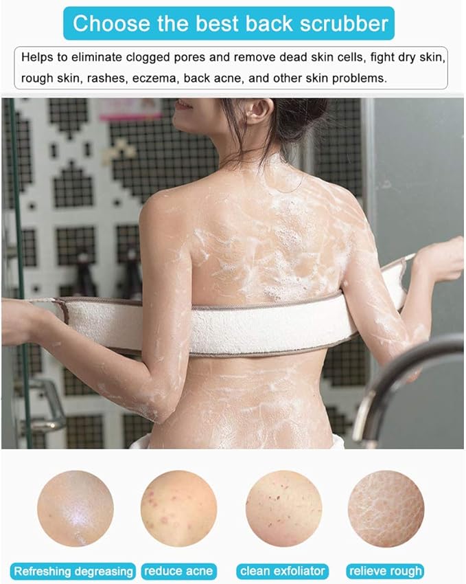 Loofah Back Scrubber for Shower, Natural Soft Flax Back Exfoliator Cleaner for Shower Acne, Extra Long Back Scrub Washer, Dual-Sided Bath Exfoliating Scrubber, Deep Clean&Invigorate Skin for Men/Women