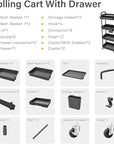 4 Tier Rolling Utility Cart with Drawer,REBECAT Utility Cart Made of Multifunctional Storage Organizer Tool for Kitchen,Bathroom,Living Room,Office(Black)