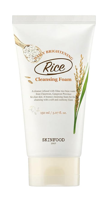 SKINFOOD Rice Daily Cleansing Foam 150ml - Delicate, Fine, and Smooth Brightening Cleansing with Fermented White Rice Ingredients - Firming Bubble Facial Foam Cleanser - For Men and Women (5.07 fl. oz.)