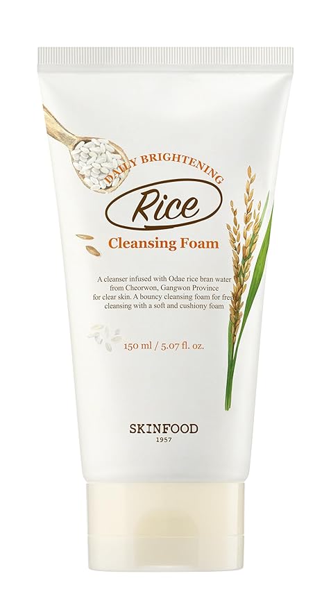 SKINFOOD Rice Daily Cleansing Foam 150ml - Delicate, Fine, and Smooth Brightening Cleansing with Fermented White Rice Ingredients - Firming Bubble Facial Foam Cleanser - For Men and Women (5.07 fl. oz.)