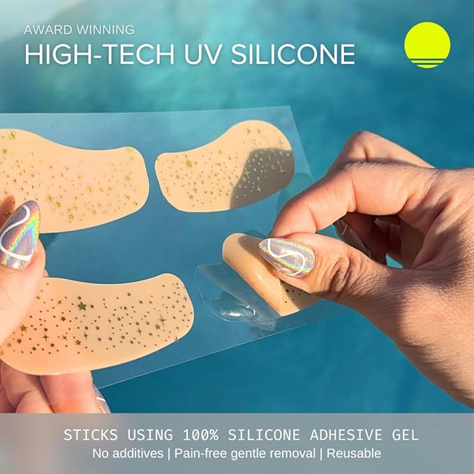 Sun Patch Under-Eye UV Protection Patches – Sparkle Sun Kiss Gold – Reusable UPF 50+ Silicone Patches for Sun Protection & Style – 2 Pairs (4 Total) – Waterproof, Hypoallergenic