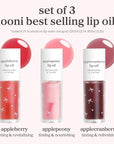 NOONI Korean Lip Oil Gift Set - Apple Seed Lip Oil Trio | Korean Lip Stain Long Lasting Hydration, Moisturizing, Glowing Korean Lip, Plumping, Gift for holiday, Christmas, 0.12 Fl. Oz. x 3ea