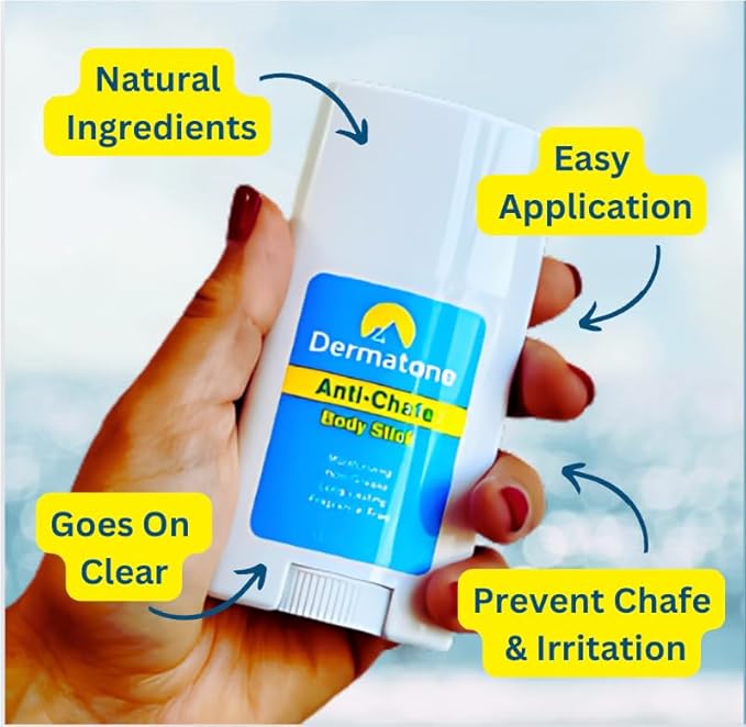 DERMATONE Anti Chafe Balm | No Chafing Stick | Larger Size | Fragrance Free, Non-Greasy | Prevent Thigh, Arm, Chest, Butt, Ball Rubbing Irritation, Daily Anti Friction Stick, Large 1.5 oz stick