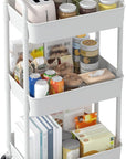 Sywhitta 3-Tier Plastic Rolling Utility Cart with Handle, Multi-Functional Storage Trolley for Office, Living Room, Kitchen, Movable Storage Organizer with Wheels, White