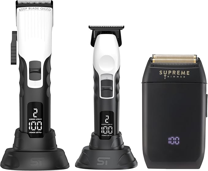 Supreme Trimmer 3-in-1 Barber Bundle | 2Spee Clipper, 2Spee Trimmer & Crunch Foil Shaver | Professional Beard Trimmer Men’s Hair Clipper Kit | White