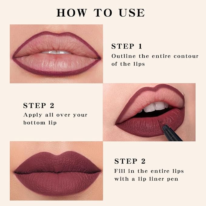 2Pcs Longwear Liquid Lip Liner Stain Marker Pen Set Long Lasting Waterproof, Dark Black Cherry Wine Red Matte 24 Hour Lip Liner and Lipstick Combo, Color Stay Lipliner All Day, Lip Stains peel off