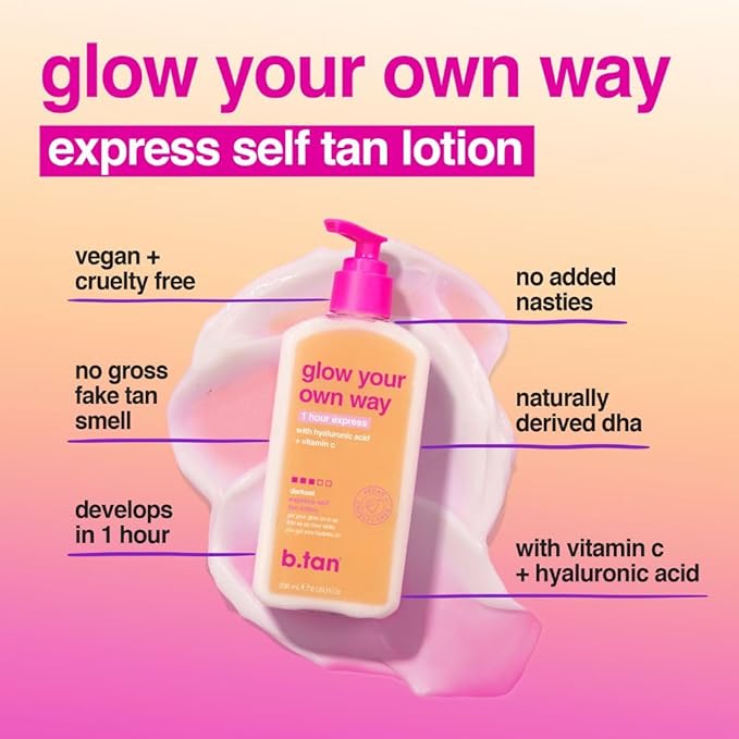 b.tan Dark Self Tanner Lotion | Glow Your Own Way, 1 Hour Express - Daily Quick Sunless Tanning Cream, Best Natural Bronze, Hydrating Vitamin C, Face & Body, No Fake Tan Smell, 8 Fl Oz
