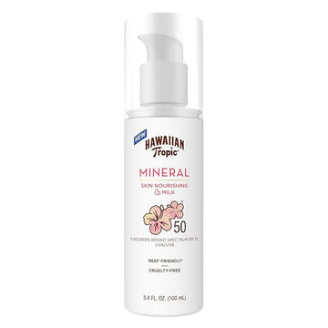 Hawaiian Tropic Skin Nourishing Milk Mineral Sunscreen Lotion SPF 50, 3.4oz | Travel Size Sunscreen Zinc Oxide, Sun Milk, Mineral Sunblock SPF 50, Oxybenzone-Free, 3.4oz