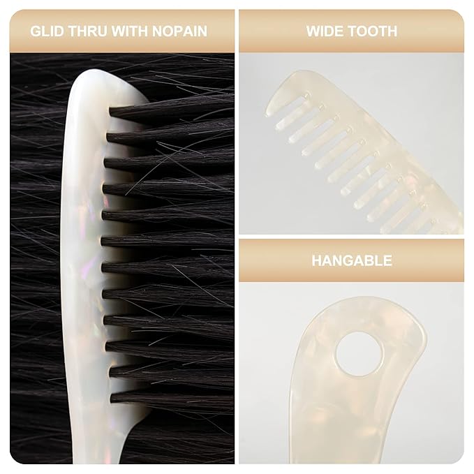 Large Wide Tooth Hair Comb, LADYAMZ [Tortoise Shell] Cellulose Acetate Round Tooth Comb for Straight/Curly Hair,Short/Long Hair Women Men or Kids, Easy Detangling Wet or Dry, Anti-static (White)
