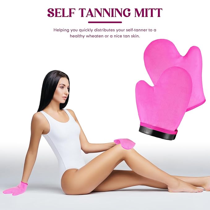 SATINIOR 4 Packs Self Tanning Mitt Applicators Double Sided Sunless Tanning Mittens Reusable Applicator Mittens Tanner Gloves with Thumb(Rose)