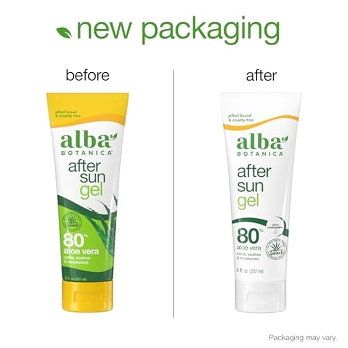 Alba Botanica Aloe Vera Gel for Skin, Cooling After Sun Treatment for Face and Body, Made with Purity Certified 80% Aloe Vera Gel Formula, 8 fl. oz. Tube (Packaging May Vary)