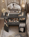 Vanity Desk with Mirror and Lights & Hidden Storage,3-Color Adjustable Lights, 4-Tier Open Shelves,Large Drawer, Extra-Wide 19.3" Desktop, Black Dressing Table for Bedroom
