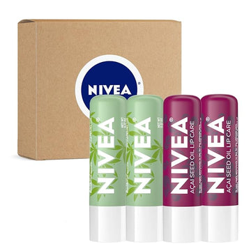 NIVEA Vegan Lip Care Variety Pack, Acai Seed Oil and Hemp Seed Oil with Shea Butter Lip Balm Sticks, 0.17 Oz Stick, Pack of 4