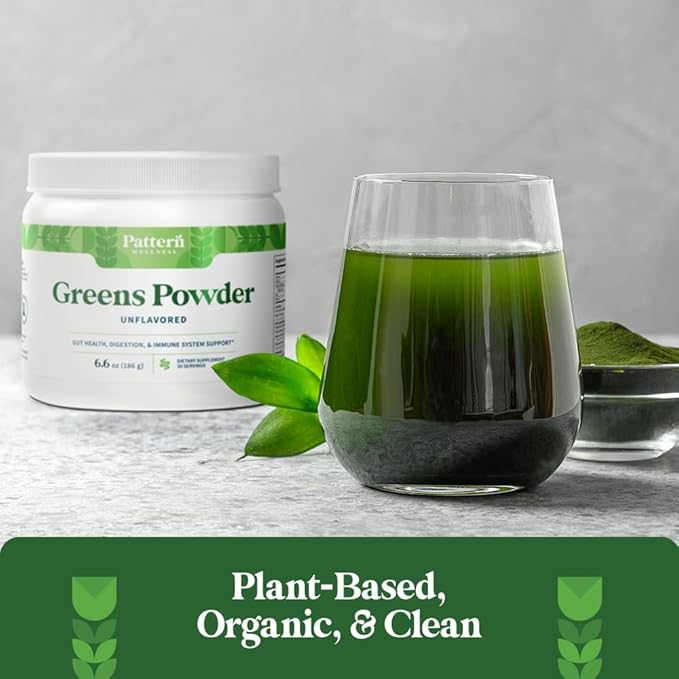 Pattern Wellness Greens Powder Superfood - Complete with Antioxidant, Digestive Enzyme, Fiber, Probiotic, & Adaptogen Blends - Gut, Digestion, & Immune System - 30 Servings - 9.0 oz (Orange Flavor)