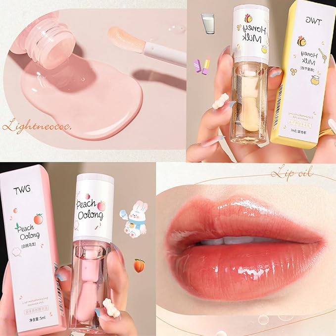 4Pcs Hydrating Clear Lip Oil,Crystal Jelly Honey Lip Gloss with Big Brush,Long Lasting Nourishing Lip Care Lip Glow Oil,Moisturizing Tinted Lip Balm,Fresh Texture Flavoring Oil Lip Makeup