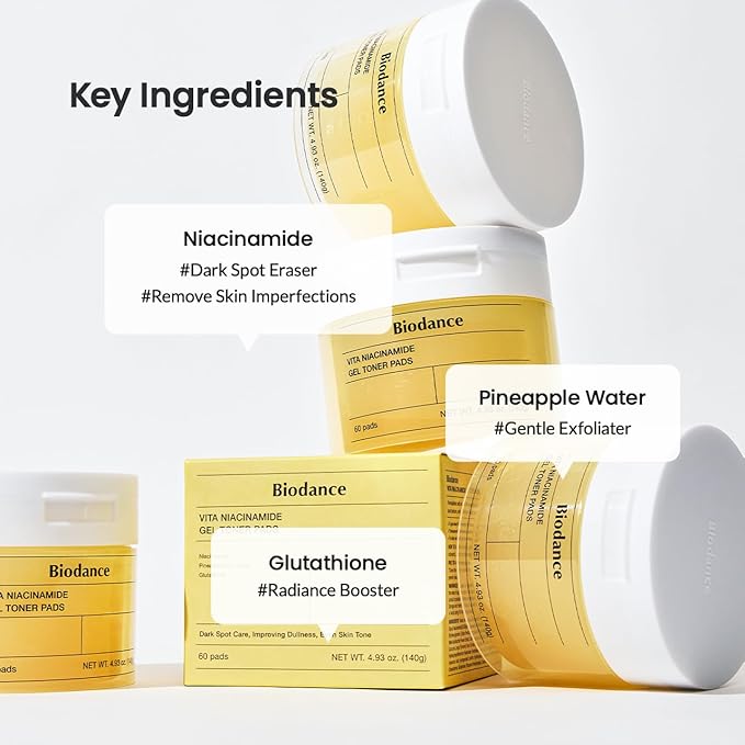 Biodance Vita Niacinamide Gel Toner Pads, Spot Correcting, Gentle Exfoliating, Evening Skin Tone, Brightening, Hydrating | 4.93 fl.oz.(140g), 60Pads