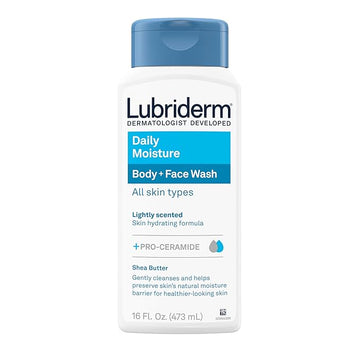 Lubriderm Daily Moisture Body + Face Wash, Hydrating Body Wash + Moisturizing Facial Cleanser with Pro-Ceramide & Shea Butter to Gently Cleanse, Light Fragrance & Hypoallergenic, 16 fl. oz