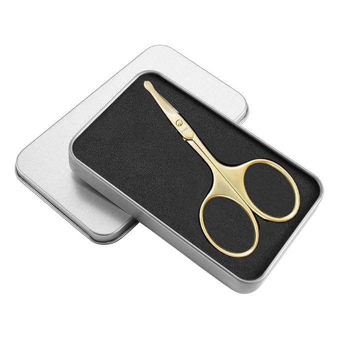 LIVINGO 3.75" Small Safety Facial Nose Hair Scissors, Curved Blade with Rounded Tip Stainless Steel for Manicure Cuticle, Eyebrow, Dry Skin (Gold)