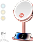 MIYADIVA Makeup Mirror with Lights,20X Magnifying Mirror with Light and Touch Switch, 2-Sided Vanity Mirror with 3 Colors and 80 LEDs, Metallic Rose Gold