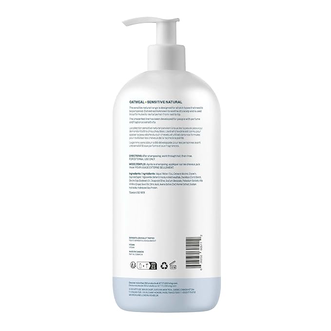 ATTITUDE Hair Conditioner for Sensitive Dry Scalp, Soothing Oat, Naturally Derived Ingredients, Dermatologically Tested, Vegan Detangler, Extra Gentle, Unscented, 32 Fl Oz