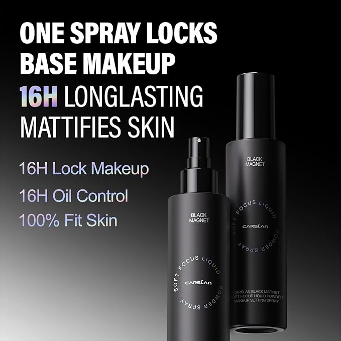 CARSLAN Black Magnet Liquid Powder Makeup Setting Spray, 16H Longlasting Oil Control Lock Face Makeup, Smudgeproof, Waterproof Finishing Spray, 100ml/3.4 Fl Oz