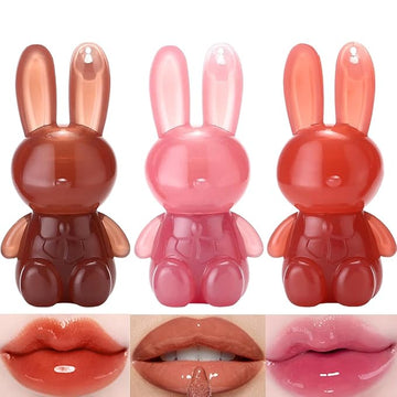 3Pcs Cute Rabbit Hydrating Lip Gloss Set,Cute Bunny Lip Glaze, Moisturising Jelly Liquid Lipsticks Lip Stain,Waterproof Non-Stick Cup Long Lasting Cute Makeup