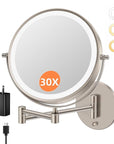 FUNTOUCH 10" 30X/1X Magnifying Wall Mounted Lighted Makeup Mirror, 4500mAh Rechargeable Double Sided Mirror, 3 Color Lights,Touch Dimmable, 360 Rotation Extended Arm with Adapter,Brush Nickel