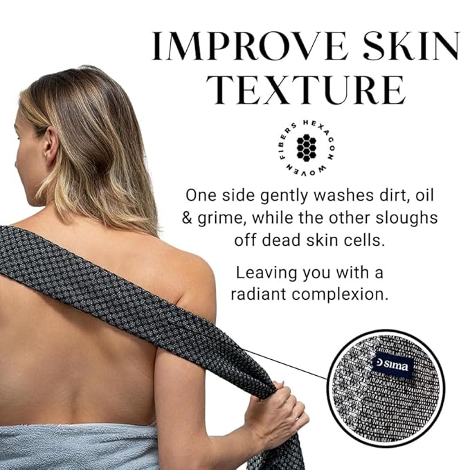 Exfoliating Washcloth Face & Body Scrub Towel - Japanese Exfoliating Towel with Hexagon Fibers, Body Scrubber with 2 Sides for Scrubbing & Washing, Extra Long Body Towel (Black)