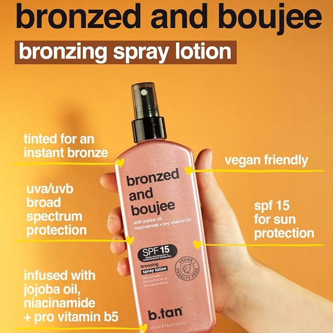 b.tan SPF 15 Sun Tanning Lotion Spray | Bronzed and Boujee - Outdoor Bronzing Spray Lotion, Packed with Jojoba Oil, Niacinamide, & Pro Vitamin B5, Vegan Friendly, Austrailian Brand, 8.45 Fl Oz