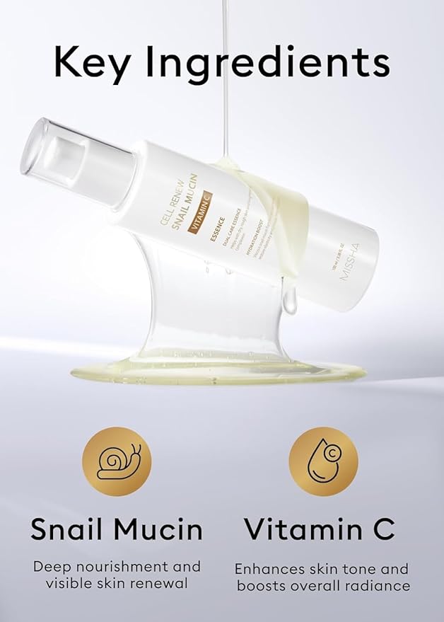 MISSHA Cell Renew Snail Mucin Vitamin C Essence Serum 3.38 Fl oz - Hydrating Korean Skincare for Glass Skin, Snail Mucin Serum for Improved Skin Texture & Complexion