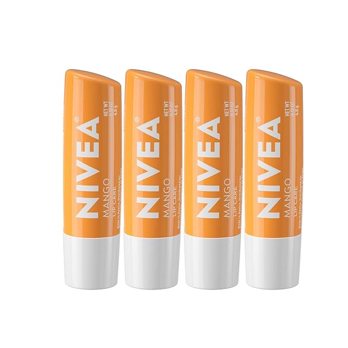 NIVEA Mango Lip Care, Vegan Lip Balm Pack with Shea Butter, Nourishing Oils and Vitamin C & E, 3-in-1 Moisturize, Repair and Protect, 0.17 Oz Stick, Pack of 4