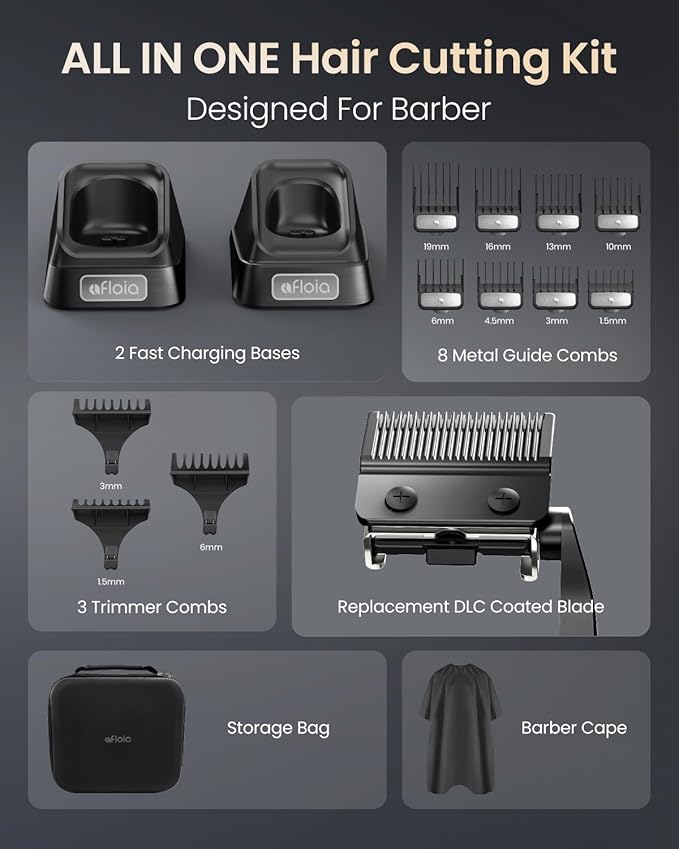Professional Hair Clippers Set for Men - Afloia Premium Haircut Clipper&Trimmer Kit with High Torque Brushless Motor & DLC Coated Detachable Blade& Charging Stand, Gifts for Men Husband Dad